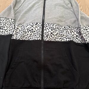 Gray and Black Leopard Print Zip-Up Hoodie
